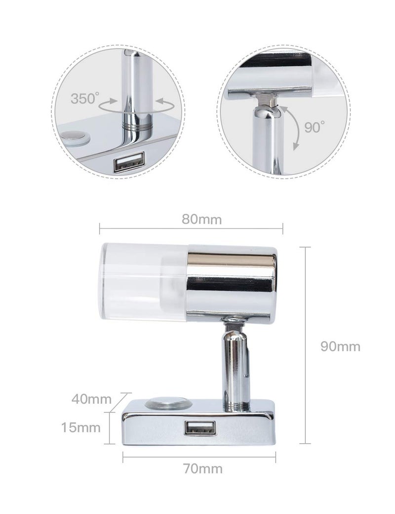 LIGHTEU 12V Reading Light RV Interior 2.2W Bedside with USB Port (5V/2A), Designed for Reading, RV, and Caravan, Motorhome,Touch Switch Dimmable Warm 2 Pack(Chrome 2X A2-USB) - Image 2